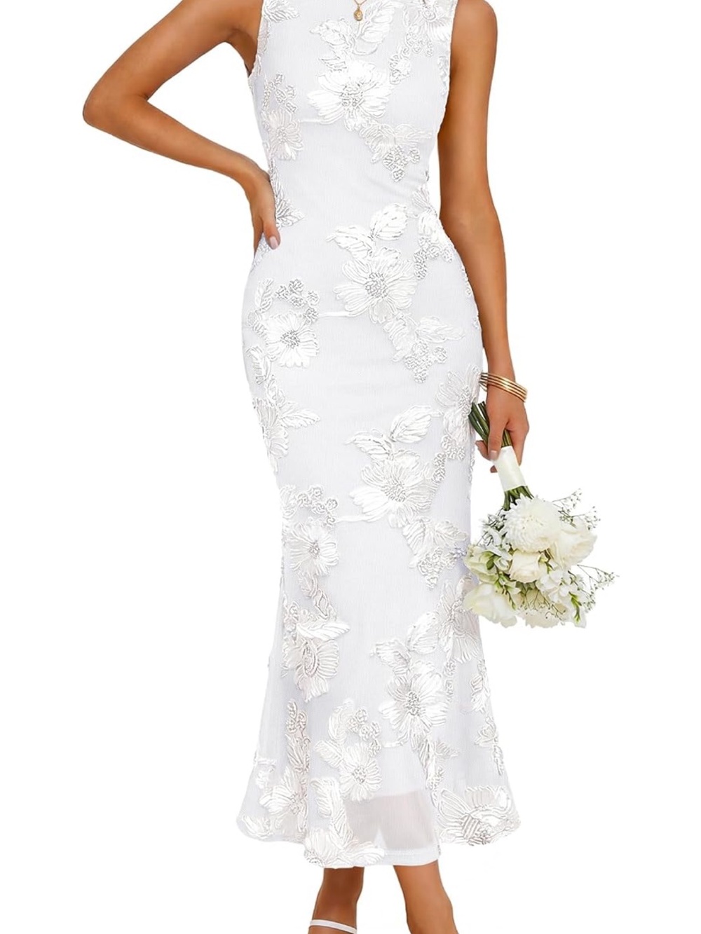 White Midi Floral Appliqué Sheath Dress